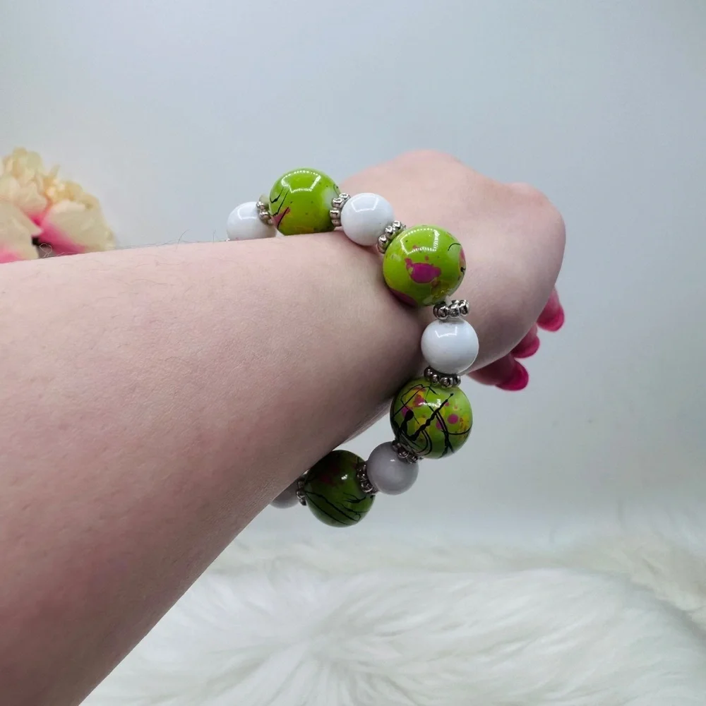 Lime Splash Statement Beaded Bracelet – White Accent Chunky Stretch Jewelry